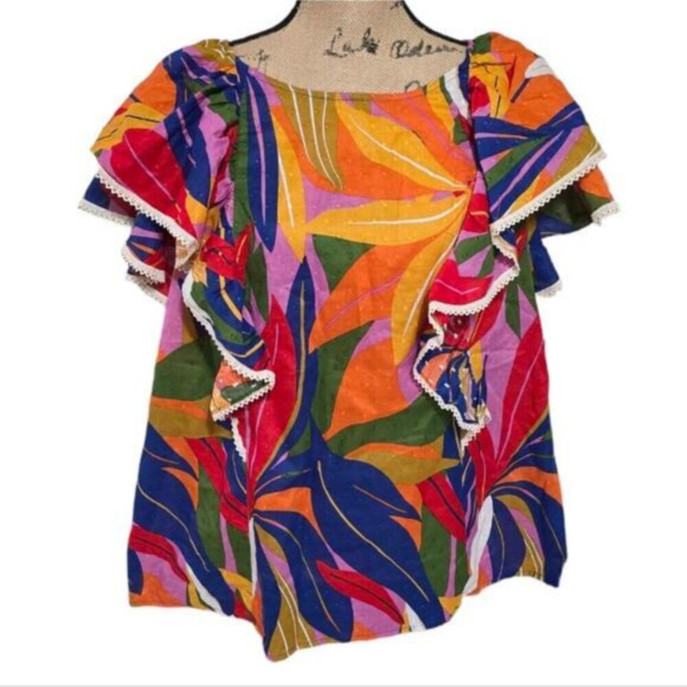 Marc New York Jeans 2X Tropical Leaf Ruffle Sleeve Swiss Dot Cotton‎ Top NWT